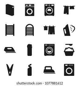 Flat vector icon set - clothespin vector, steaming, drying clothes, washer, washing powder, cleaning agent, washboard, iron