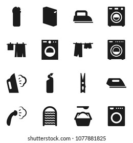 Flat vector icon set - clothespin vector, steaming, drying clothes, washing powder, cleaning agent, washboard, washer, iron