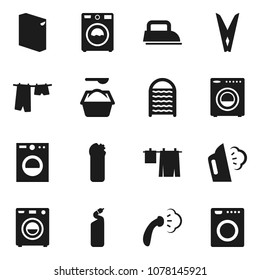 Flat vector icon set - clothespin vector, steaming, drying clothes, washer, washing powder, cleaning agent, washboard, iron