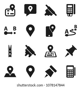 Flat vector icon set - clothespin vector, rolling pin, paper, navigator, map, traking, route, thumbtack, card reader