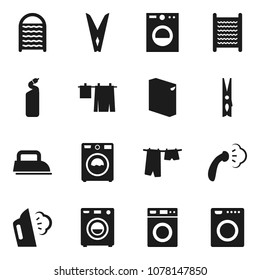 Flat Vector Icon Set - Clothespin Vector, Steaming, Drying Clothes, Washer, Washing Powder, Cleaning Agent, Washboard, Iron