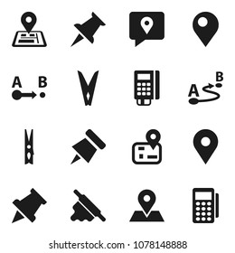 Flat vector icon set - clothespin vector, rolling pin, paper, navigator, map, traking, route, thumbtack, card reader