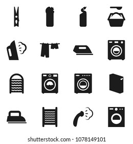 Flat Vector Icon Set - Clothespin Vector, Steaming, Drying Clothes, Washer, Washing Powder, Cleaning Agent, Washboard, Iron