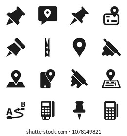 Flat vector icon set - clothespin vector, rolling pin, paper, navigator, map, traking, route, thumbtack, card reader