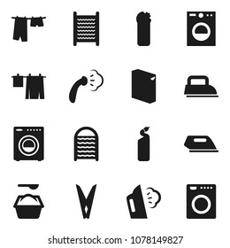 Flat Vector Icon Set - Clothespin Vector, Steaming, Drying Clothes, Washing Powder, Cleaning Agent, Washboard, Washer, Iron