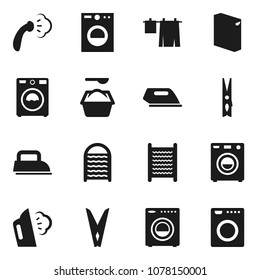 Flat vector icon set - clothespin vector, steaming, drying clothes, washer, washing powder, washboard, iron