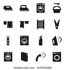 Flat Vector Icon Set - Clothespin Vector, Steaming, Drying Clothes, Washer, Washing Powder, Cleaning Agent, Washboard, Iron