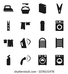 Flat Vector Icon Set - Clothespin Vector, Steaming, Drying Clothes, Washer, Washing Powder, Cleaning Agent, Washboard, Iron