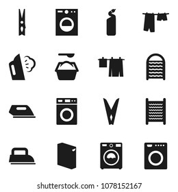 Flat Vector Icon Set - Clothespin Vector, Steaming, Drying Clothes, Washer, Washing Powder, Cleaning Agent, Washboard, Iron