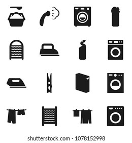 Flat Vector Icon Set - Clothespin Vector, Steaming, Drying Clothes, Washer, Washing Powder, Cleaning Agent, Washboard, Iron