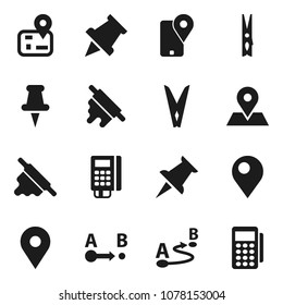 Flat vector icon set - clothespin vector, rolling pin, paper, navigator, map, traking, route, thumbtack, card reader