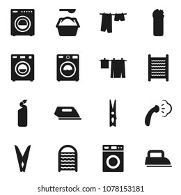 Flat Vector Icon Set - Clothespin Vector, Steaming, Drying Clothes, Washer, Washing Powder, Cleaning Agent, Washboard, Iron