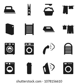 Flat Vector Icon Set - Clothespin Vector, Steaming, Drying Clothes, Washer, Washing Powder, Cleaning Agent, Washboard, Iron