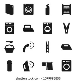 Flat vector icon set - clothespin vector, steaming, drying clothes, washer, washing powder, cleaning agent, washboard, iron