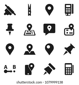 Flat vector icon set - clothespin vector, rolling pin, paper, navigator, map, tracking, route, thumbtack, card reader
