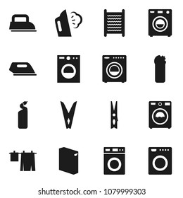 Flat vector icon set - clothespin vector, steaming, drying clothes, washer, washing powder, cleaning agent, washboard, iron