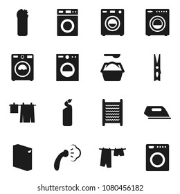 Flat vector icon set - clothespin vector, steaming, drying clothes, washer, washing powder, cleaning agent, washboard, iron