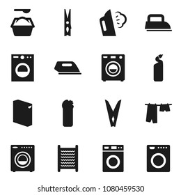 Flat vector icon set - clothespin vector, steaming, drying clothes, washer, washing powder, cleaning agent, washboard, iron