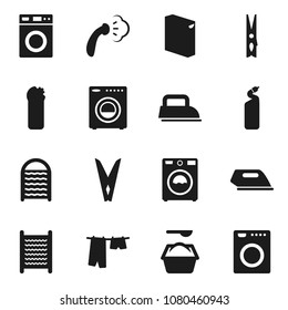 Flat Vector Icon Set - Clothespin Vector, Steaming, Drying Clothes, Washer, Washing Powder, Cleaning Agent, Washboard, Iron