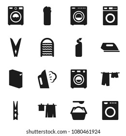 Flat Vector Icon Set - Clothespin Vector, Steaming, Drying Clothes, Washer, Washing Powder, Cleaning Agent, Washboard, Iron