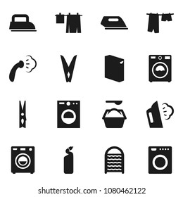 Flat Vector Icon Set - Clothespin Vector, Steaming, Drying Clothes, Washer, Washing Powder, Cleaning Agent, Washboard, Iron