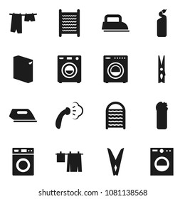 Flat vector icon set - clothespin vector, steaming, drying clothes, washer, washing powder, cleaning agent, washboard, iron