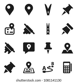 Flat vector icon set - clothespin vector, rolling pin, paper, navigator, map, traking, route, thumbtack, card reader