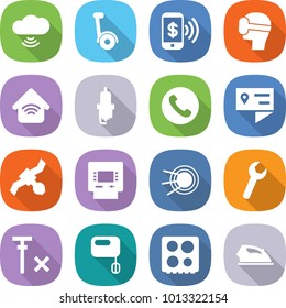 flat vector icon set - cloud wireless vector, gyroscooter, phone pay, virtual mask, home, spark plug, location details, satellite, atm, wrench, no signal, mixer, hob, iron
