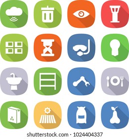 flat vector icon set - cloud wireless vector, bin, eye, airport tower, panel house, sand clock, diving mask, bulb, sink, rack, robot hand, fork spoon plate, cereals, field, flour, pear