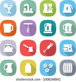 flat vector icon set - cocktail vector, water tap, coffee maker, kettle, cup, corkscrew, turk, blender, jug, bank, seeds, barrel
