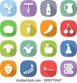 flat vector icon set - cocktail vector, corkscrew, vegetable oil, jug, tomato, carrot, hot pepper, cherry, mushroom, corn, apple, pear, strawberry, peas, tooth brush, towel
