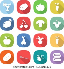 flat vector icon set - cocktail vector, potato, tomato, carrot, lemon, cherry, mushroom, corn, apple, pear, beet, tooth brush, wiping, towel