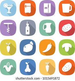 flat vector icon set - cocktail vector, fridge, cup, corkscrew, vegetable oil, jug, potato, carrot, lemon, hot pepper, mushroom, corn, pear