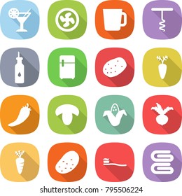 flat vector icon set - cocktail vector, cooler fan, cup, corkscrew, vegetable oil, fridge, potato, carrot, hot pepper, mushroom, corn, beet, tooth brush, towel