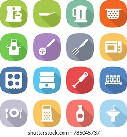 flat vector icon set - coffee maker vector, pan, kettle, colander, apron, skimmer, big fork, grill oven, hob, double boiler, blender, spices, spoon plate, grater, ketchup, water tap sink