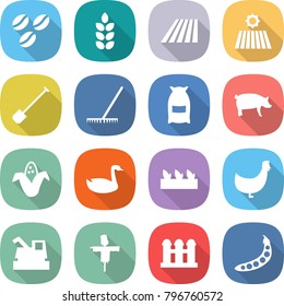 flat vector icon set - coffee seeds vector, spike, field, shovel, rake, flour, pig, corn, goose, seedling, chicken, harvester, scarecrow, grain elevator, peas