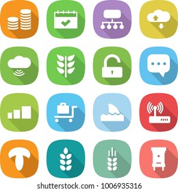 flat vector icon set - coin stack vector, calendar, structure, cloud service, wireless, spikelets, unlock, sms, sorting, baggage trolley, shark flipper, router, mushroom, spike, hive