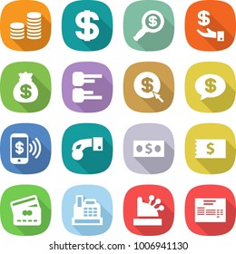 flat vector icon set - coin stack vector, dollar, magnifier, investment, money bag, diagram, arrow, message, phone pay, hand, receipt, credit card, cashbox, invoice