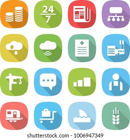 flat vector icon set - coin stack vector, 24 7, newspaper, structure, cloud service, wireless, recipe, mall, tower crane, sms, sorting, workman, trailer, baggage trolley, shark flipper, spike