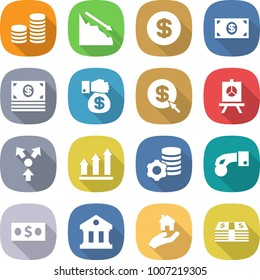 flat vector icon set - coin stack vector, crisis, dollar, money, gift, arrow, presentation, core splitting, graph up, virtual mining, hand, library, real estate