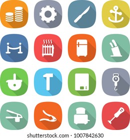 flat vector icon set - coin stack vector, gear, scalpel, anchor, vip fence, radiator, fridge, stands for knives, ladle, hammer, kitchen scales, handle, garlic clasp, walnut crack, toaster, blender