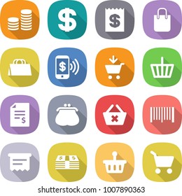 flat vector icon set - coin stack vector, dollar, receipt, shopping bag, phone pay, add to cart, basket, account balance, purse, delete, bar code, atm, money