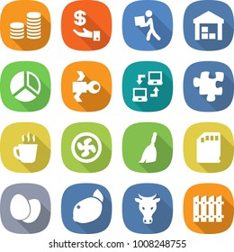 flat vector icon set - coin stack vector, investment, courier, warehouse, diagram, satellite, notebook connect, puzzle, hot drink, cooler fan, broom, sd card, eggs, lemon, cow, fence