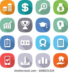 flat vector icon set - coin stack vector, dollar, magnifier, money bag, diagram, trophy, graduate hat, bulb head, clipboard, medal, mobile checking, rocket start, chart, housing