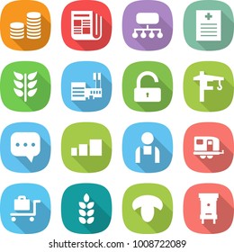 flat vector icon set - coin stack vector, newspaper, structure, recipe, spikelets, mall, unlock, tower crane, sms, sorting, workman, trailer, baggage trolley, spike, mushroom, hive