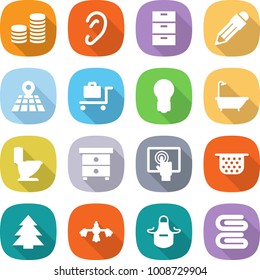flat vector icon set - coin stack vector, ear, archive, pencil, map, baggage trolley, bulb, bath, toilet, nightstand, touchscreen, colander, spruce, hard reach place cleaning, apron, towel