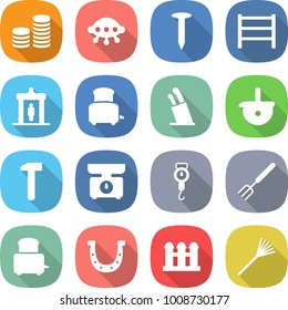 flat vector icon set - coin stack vector, ufo, nail, rack, detector, toaster, stands for knives, ladle, hammer, kitchen scales, handle, big fork, horseshoe, grain elevator, rake