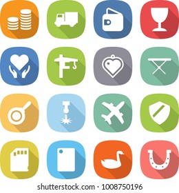 flat vector icon set - coin stack vector, truck, wallet, wineglass, health care, tower crane, heart pendant, iron board, pan, laser, plane, shield, sd card, cutting, goose, horseshoe