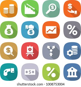 flat vector icon set - coin stack vector, crisis, dollar magnifier, investment, money bag, gift, statistics, percent, arrow, presentation, core splitting, virtual mining, hand, library