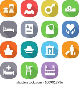 flat vector icon set - coin stack vector, woman, male sign, head reflector, hospital bed, anamnesis, broken hand, health care, recieption, confidential, detector, passenger, Chair for babies